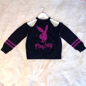PLAYBOY Rare Vintage Y2K Women Black Purple Cutout Shoulder Small Knit Sweater